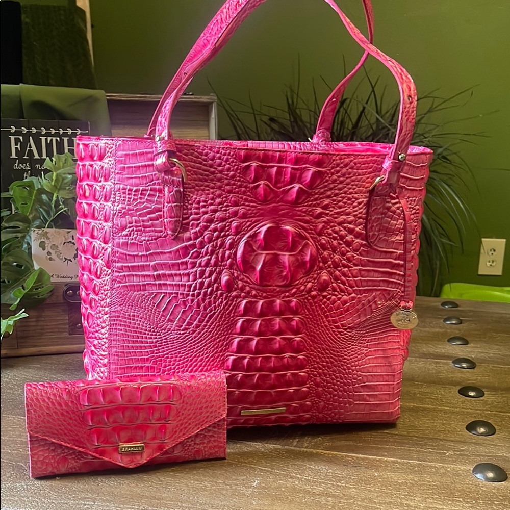 Brahmin Pink Crocodile Embossed Tote Bag,includes matching wallet